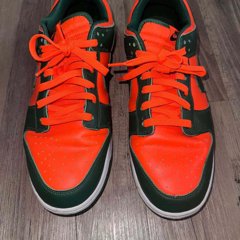 Nike Men's Dunk Low University of Miami Vibrant Orange and Dark Green Sneakers
